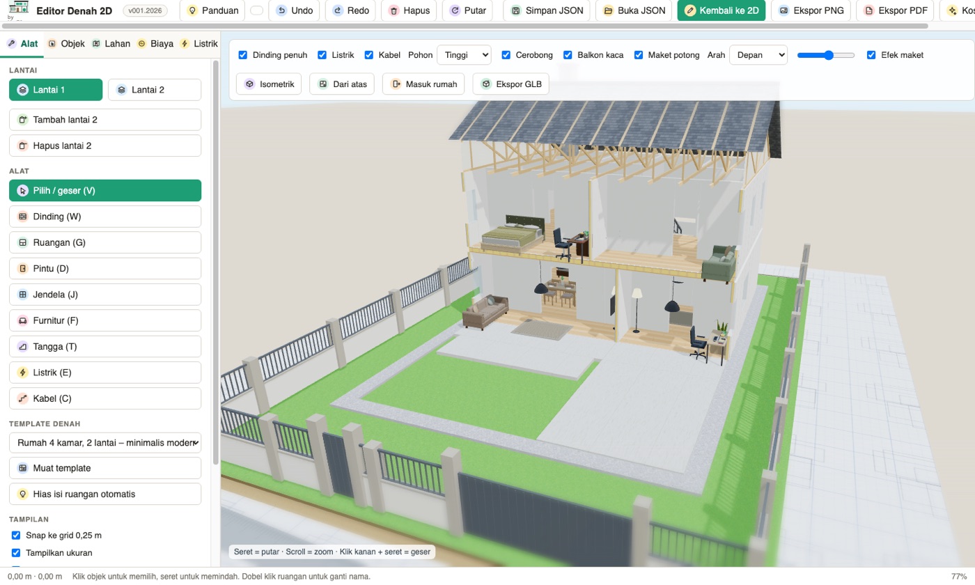 Maket 3D potong rumah dua lantai dengan rangka atap