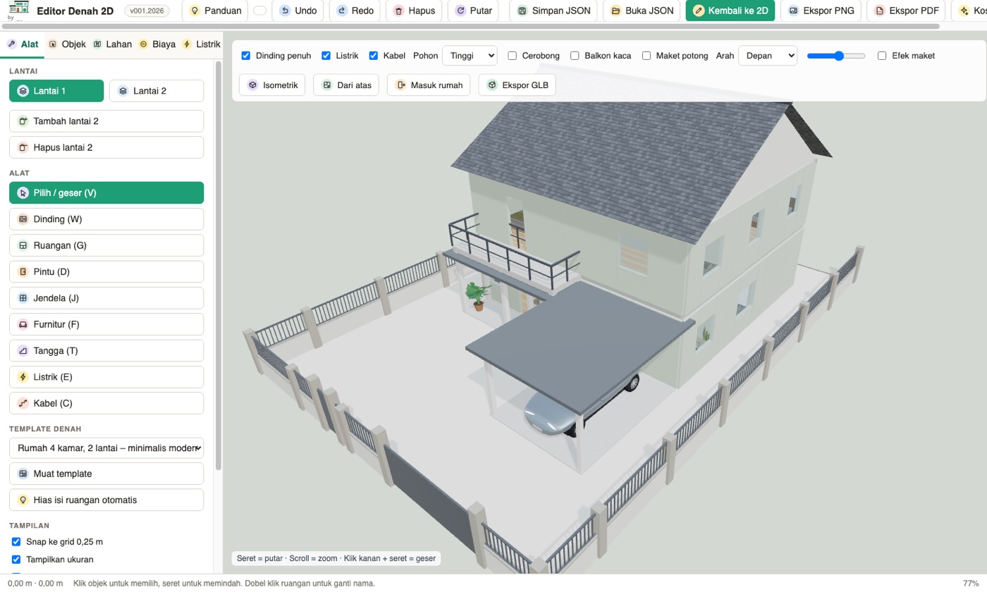 Tampilan 3D rumah dengan atap abu gelap